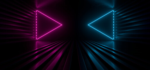 A dark corridor lit by colorful neon lights. Reflections on the floor and walls. 3d rendering image.