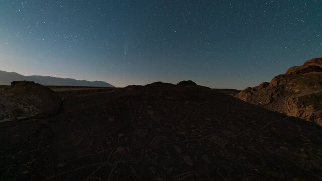 Time lapse of Comet Neowise setting over Native American rock art panel in California