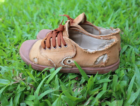 Old, brown, torn student shoes lay on the green grass