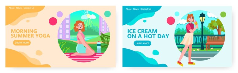 Obraz na płótnie Canvas Woman doing yoga outside in a park. Summer time concept illustration. Vector web site design template. Young girl enjoy her ice cream and walk on a steet. Summer weekend