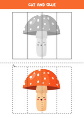 Cut and glue game for kids. Cartoon fly agaric mushroom.