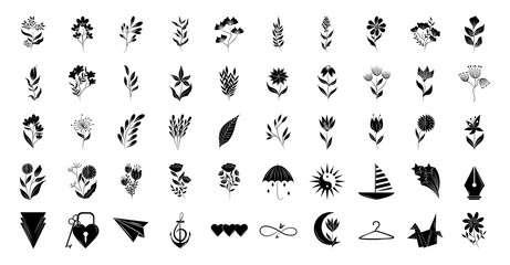 minimalist tattoo floral shapes and different icons silhouette art on white background