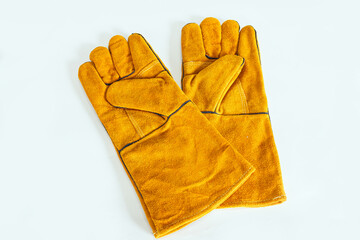Leather gloves for welding On a white background