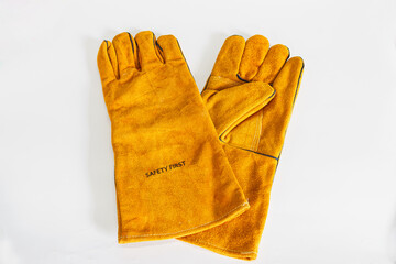 Leather gloves for welding On a white background
