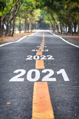 New year 2021 to 2025 on asphalt road. Road to business success concept and natural background idea