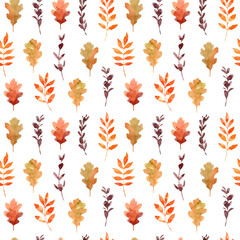 Seamless pattern with hand drawn watercolor fall leaves for fabric, poster, card, wallpaper, wrapping paper, and home decor