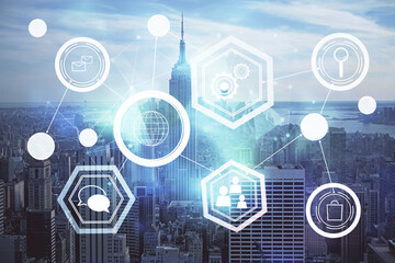 Double exposure of social network theme drawing and cityscape background. Concept of people connecton.