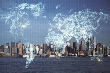 Double exposure of social network theme drawing and cityscape background. Concept of people connecton.