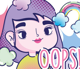 pop art cartoon girl rainbow clouds oops fashion retro comic