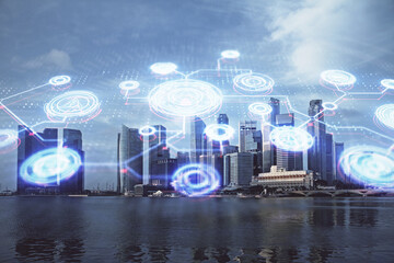 Multi exposure of social network theme drawing and cityscape background. Concept of people connecton.