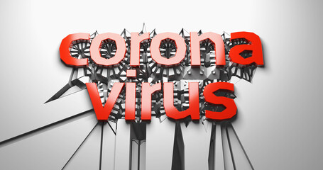 Coronavirus red lettering of three dimensional letters and numbers against a cracking white wall. 3d illustration