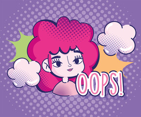 pop art cartoon girl halftone red hair comic clouds explosion design