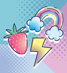 pop art cartoon, rainbow strawberry thunderbolt comic halftone design