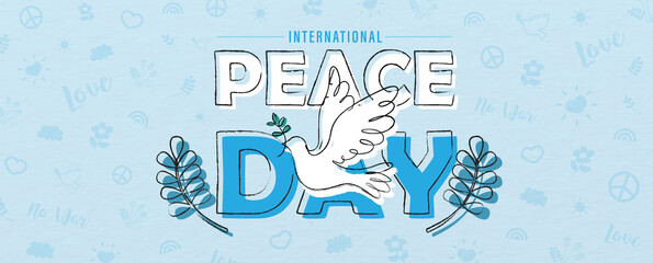 Hand draw and one line style in a peace dove shape on the name of event lettering, olive plants and peace day object pattern and blue background.