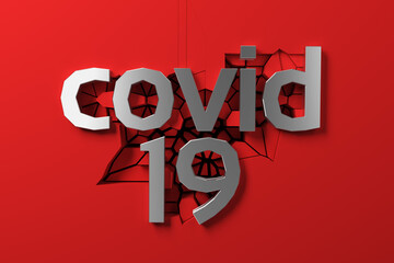covid 19 metal steel lettering of three dimensional letters and numbers against a cracking red wall. 3d illustration