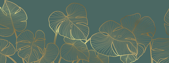 Luxury golden art deco wallpaper. Nature background vector. Floral pattern with golden split-leaf Philodendron plant with monstera plant line art on green emerald color background.  © TWINS DESIGN STUDIO