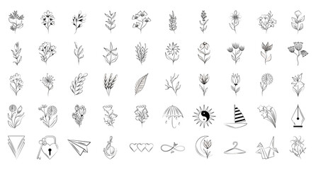 minimalist tattoo floral shapes and different icons line art on white background
