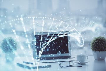 Desktop computer background and DNA drawing. Double exposure. Science concept.