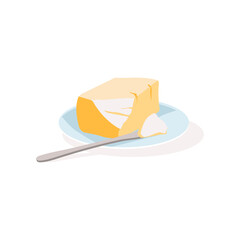 Butter on Plate with Knife. Margarine block, baking ingredient. Natural fresh healthy dairy product flat vector illustration isolated on white background