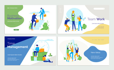 Business motivation, teamwork landing page set. Time management, new ideas presentation, website, web page template. Business success concept flat vector illustration