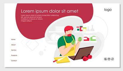 Man cooking food on online channel. Food blog landing page, website template. Online cooking class, culinary blog channel, live broadcasting flat vector illustration