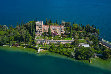 The Venetian neo gothic Villa Borghese Cavazza. Is the biggest island on Lake Garda. Aerial view of...