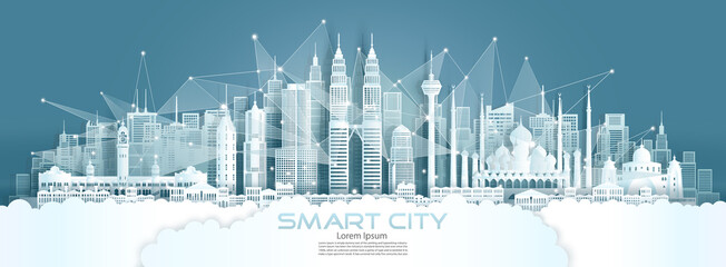 Fototapeta premium Technology wireless network communication smart city with architecture in Malaysia.