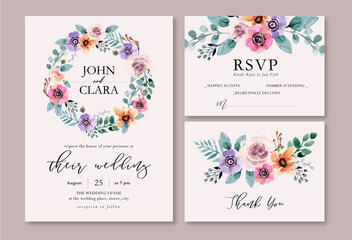 Fresh Spring Purple and Peach Floral Watercolor Wedding Invitation