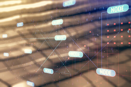 Multi exposure of abstract creative coding sketch on blurry abstract metal background, artificial intelligence and neural networks concept