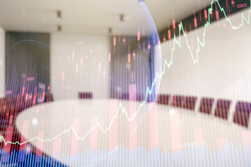 Abstract creative financial graph and world map on a modern coworking room background, financial...