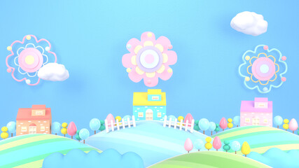 3d render cartoon mountain landscape and houses. Colorful trees, flower-like fireworks paper art, white clouds in the blue sky.