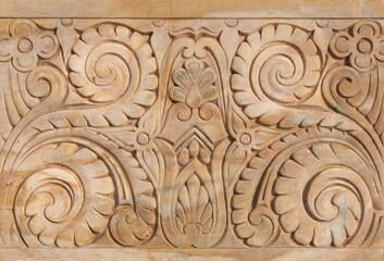 Marble Hindu style floral patterns carved into the exterior wall of Baron Empain Palace, Heliopolis district, Cairo, Egypt