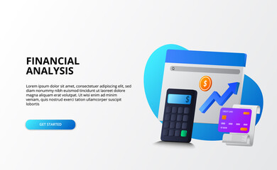 growth market economy, analysis and auditing finance business concept. 3d calculator, coin, credit card for landing page