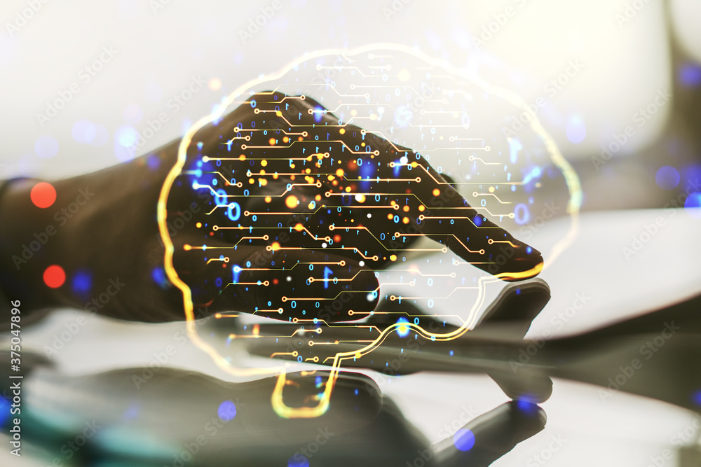 Poster double exposure of creative artificial intelligence symbol with finger clicks on a digital tablet on