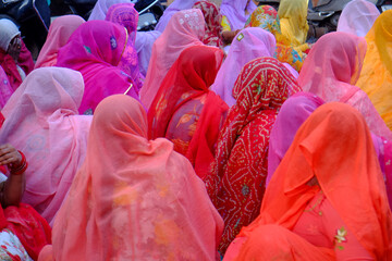 　インドラジャスタン州の色とりどりのサリーを着た女性達。