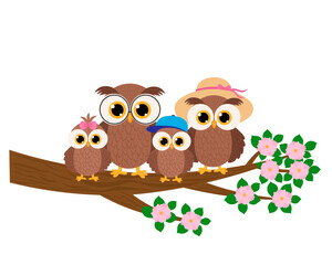 Cute owls family sitting on a tree branch flowers vector illustration