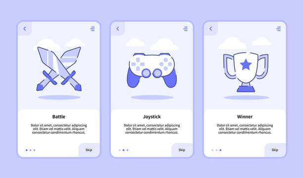 Battle joystick winner onboarding screen for mobile apps template banner page UI with three variations modern flat outline style.