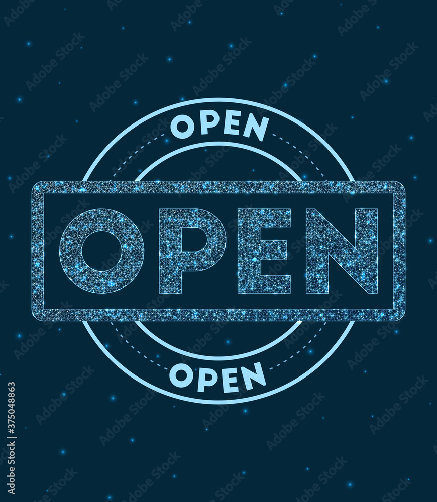 Poster open. glowing round badge. network style geometric open stamp in space. vector illustration.
