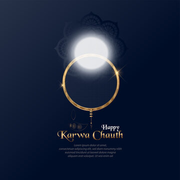 vector illustration of Happy Karwa Chauth festival card with gold style Background.
