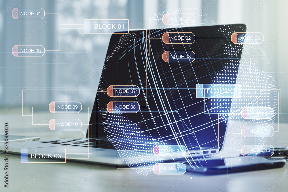 Poster abstract creative coding concept with world map on modern laptop background. multiexposure