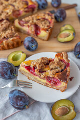 sweet home made plum crumble pie on a table