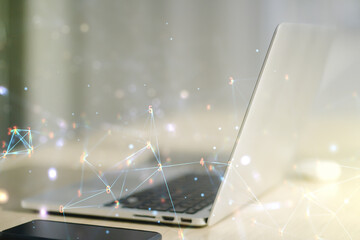 Creative abstract wireless technology hologram on modern computer background, artificial intelligence and machine learning concept. Multi exposure