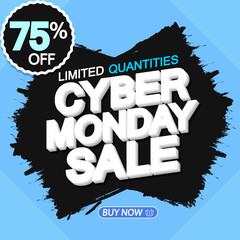 Cyber Monday, Sale up to 75% off, banner design template, discount tag, clearance offer, vector illustration 