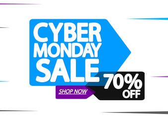 Cyber Monday, Sale up to 70% off, banner design template, discount tag, clearance offer, vector illustration 
