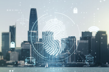 Double exposure of virtual creative fingerprint hologram on San Francisco city skyscrapers background, research and development concept