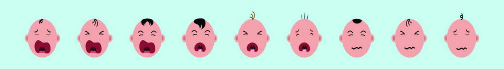 Fototapeta premium Set of baby face or crying baby in flat design cartoon character.
