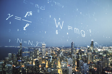 Scientific formula illustration on Chicago cityscape background, science and research concept. Multiexposure
