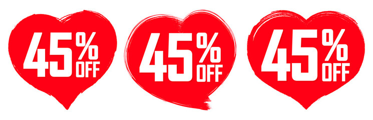 Set Sale 45% off banners, discount grunge brush tags design template, promo icons, vector illustration