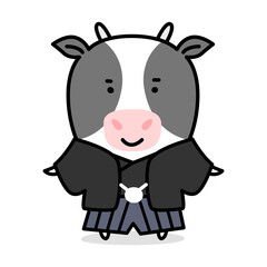 新年に着物を着ている牛のキャラクターのイラスト。