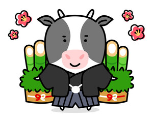 Naklejka premium 門松と梅の花に囲まれた、袴姿の牛のキャラクターのイラスト。
